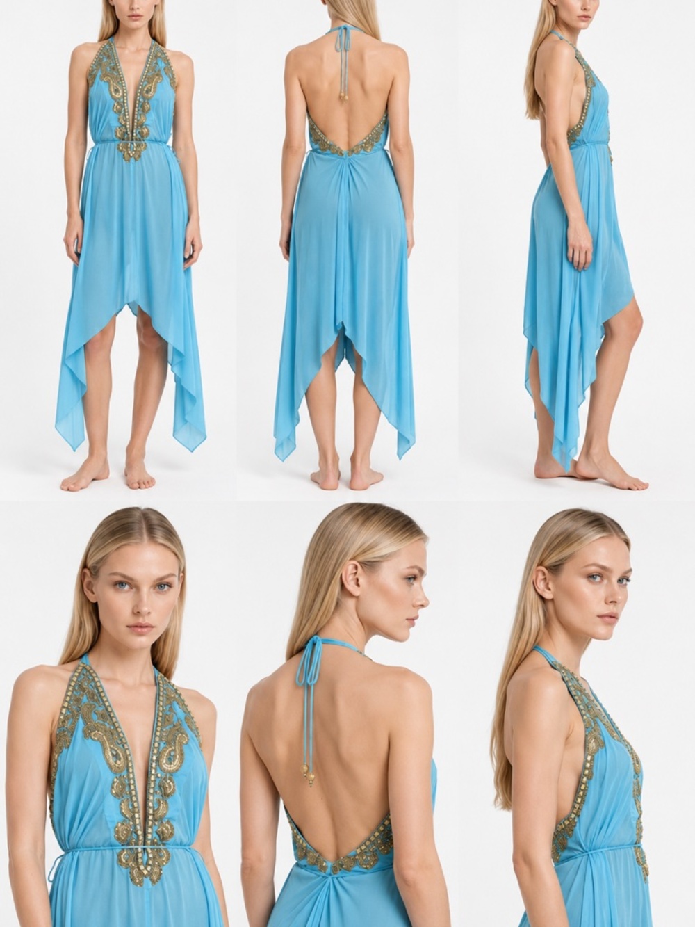 Designer Light Blue Halter High Low Maxi Dress Open Back Formal Bridesmaid Dress